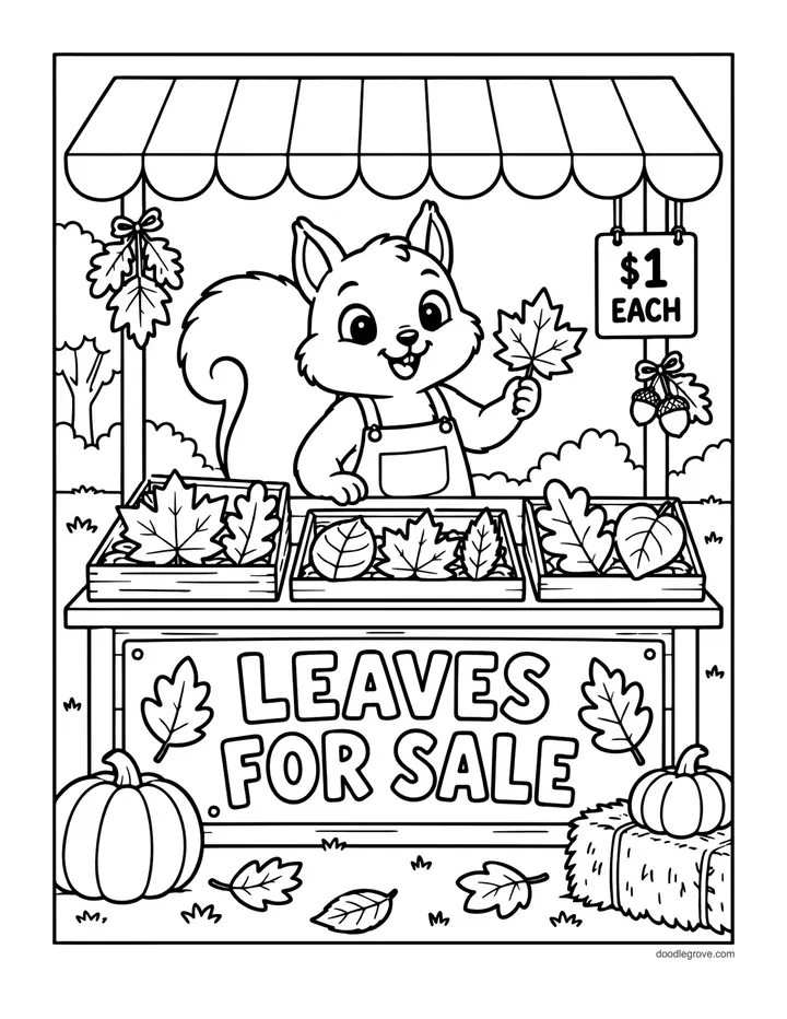 Leaves for Sale coloring page: a squirrel selling baskets of autumn leaves at a market stall with pumpkins and a hay bale