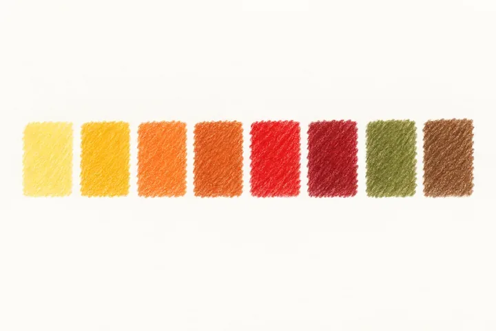 Eight colored pencil swatches in an autumn palette from pale yellow through orange and red to brown