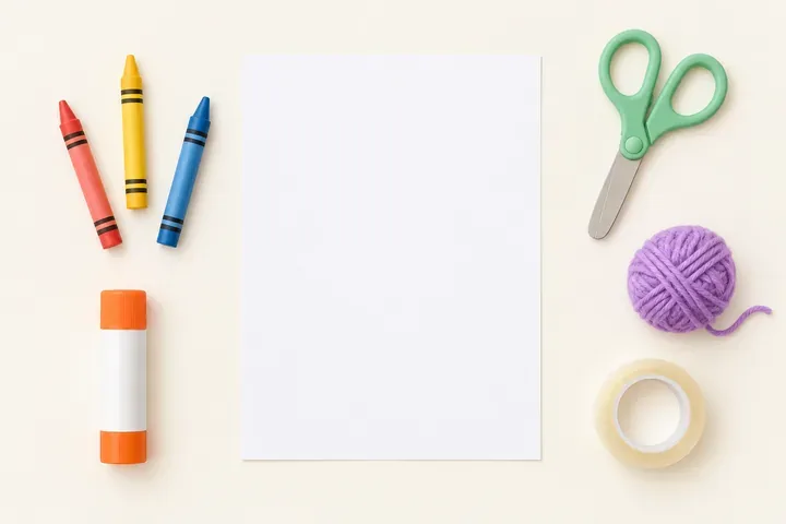 A flat lay of simple craft supplies: crayons, a glue stick, child-safe scissors, paper, a ball of yarn, and tape