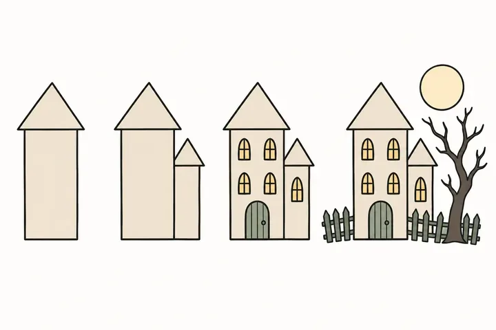 Four stages of drawing a haunted house in simple black outline, from a rectangle and triangle roof to a finished house with a tower, windows, a door, a fence, a bare tree and a moon