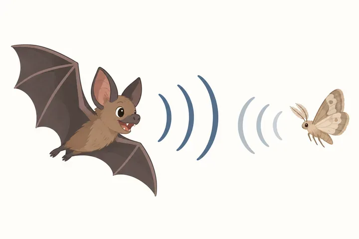A cartoon bat sends sound waves toward a moth and the echoes bounce back, showing how echolocation works.
