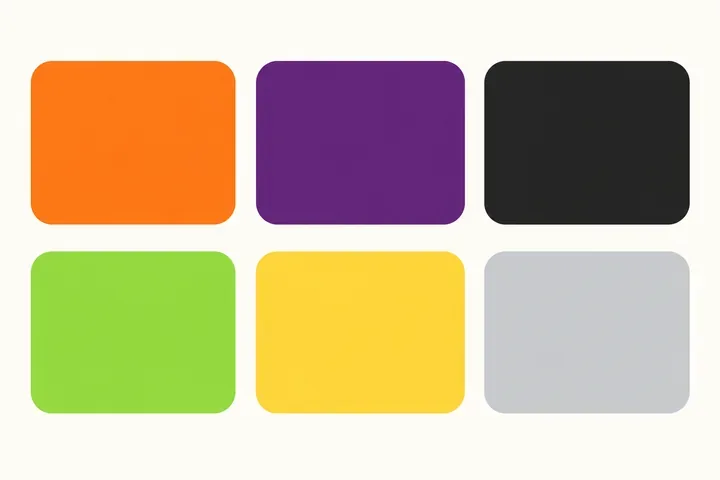 Six Halloween color swatches: pumpkin orange, deep purple, black, lime green, candy corn yellow and pale ghost gray