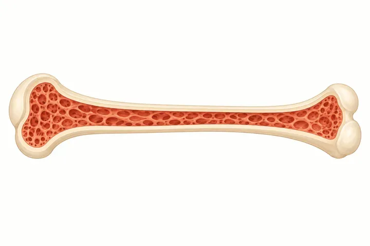 A long bone cut open to show the hard outer shell and the soft, spongy marrow inside