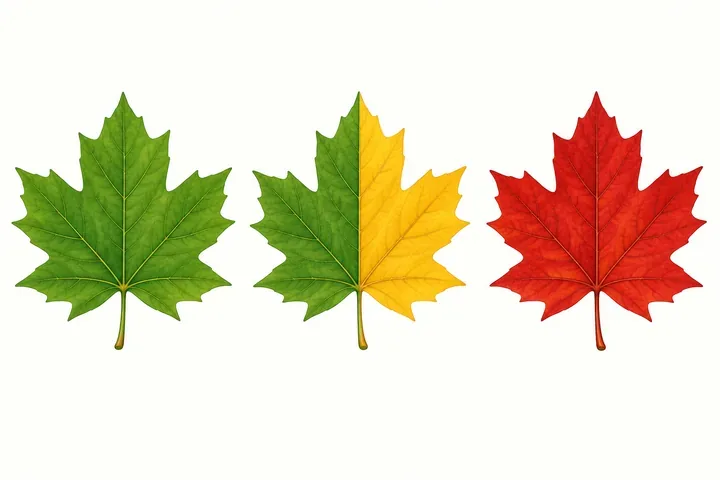 Three stages of one maple leaf, from fully green to half green and half yellow to fully red