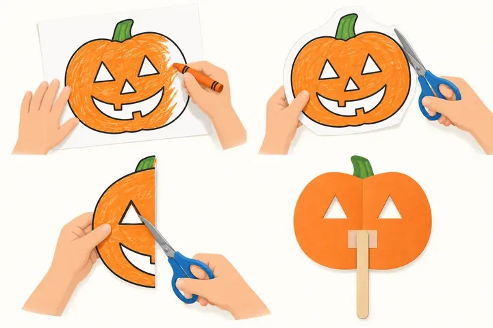 Four steps of turning a printed coloring page into a mask on a stick: color it, cut it out, snip two eye holes, tape a craft stick to the back