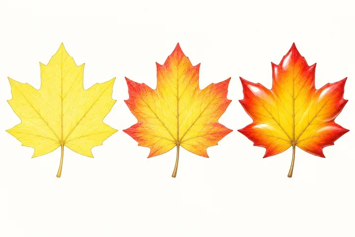The same maple leaf at three stages: a pale yellow base, orange and red mid tones, and a blended red and gold finish