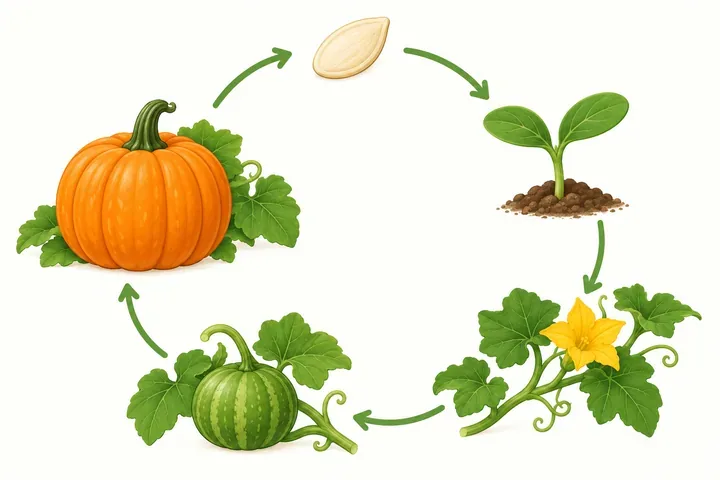 Pumpkin life cycle shown as a ring: a seed, a green sprout in soil, a vine with a yellow flower, a small green pumpkin, and a ripe orange pumpkin