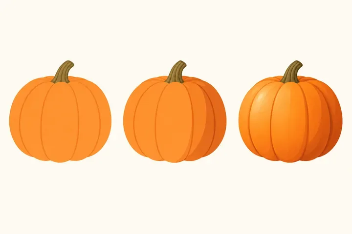 Three pumpkins in a row shaded from flat light orange to deep orange with a pale highlight, showing light to dark shading