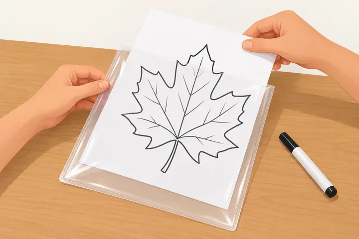 Two hands sliding a printed leaf coloring page into a clear plastic sleeve with a dry-erase marker beside it