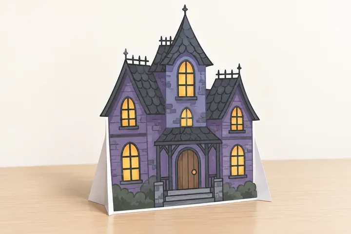 A printed haunted house picture with its edges folded back so the house front stands upright on a table