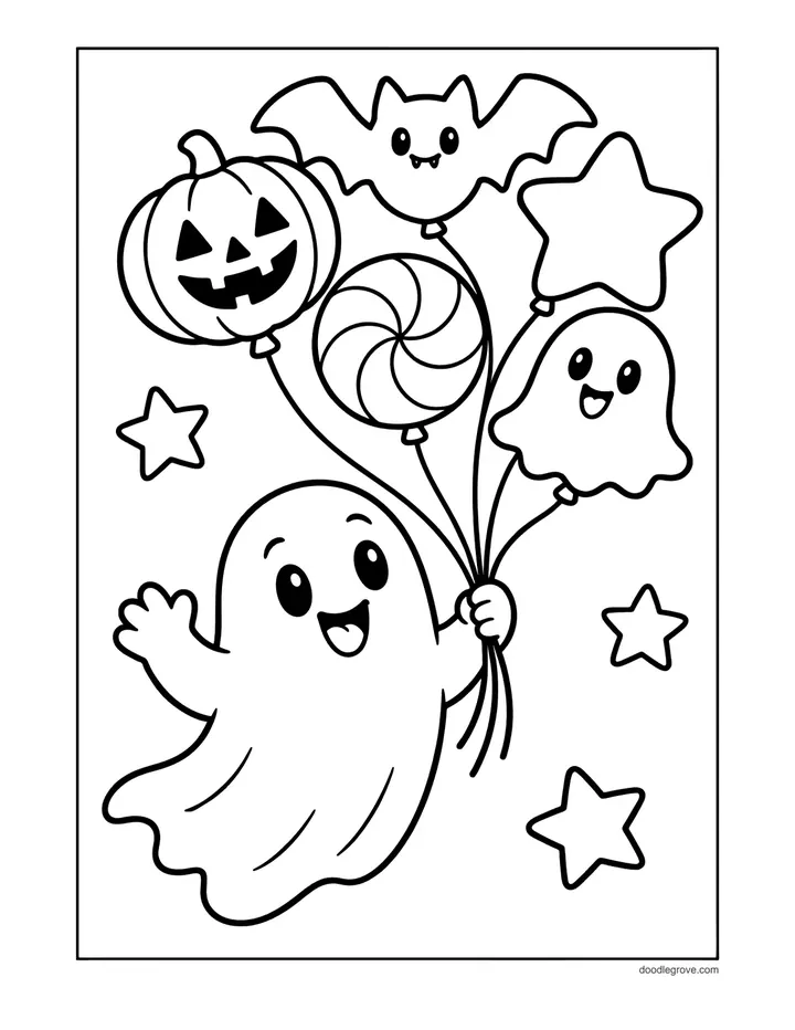Ghost with Balloons coloring page: a happy ghost floating while holding a bunch of balloons shaped like a pumpkin, candy, a bat, and a smaller ghost