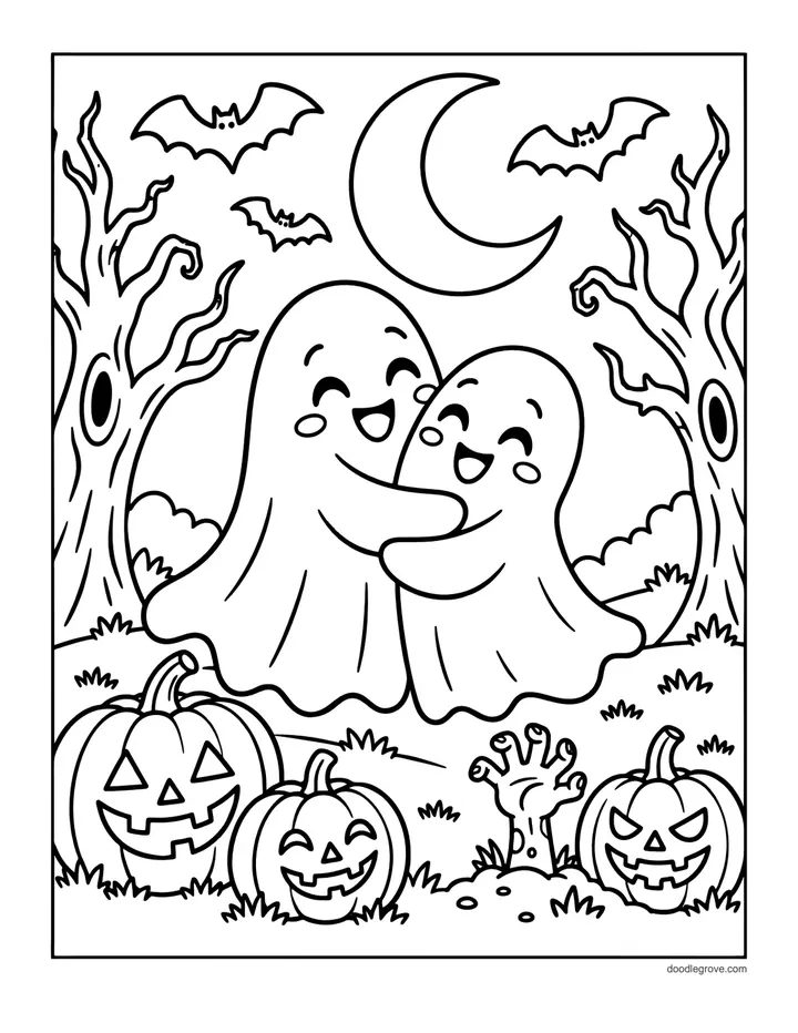 Ghost Friends Hugging coloring page: two happy ghosts hugging under a crescent moon with bats, bare trees and jack-o'-lanterns below