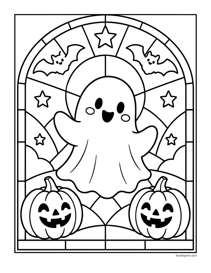 Stained Glass Ghost coloring page: one smiling ghost inside a tall stained-glass arch window, with small bats and stars around it and two jack-o'-lanterns below