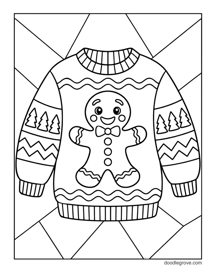 Gingerbread Ugly Sweater coloring page: a Christmas sweater with a big gingerbread man on the front, little trees and zigzag stripes, on a background of geometric shapes