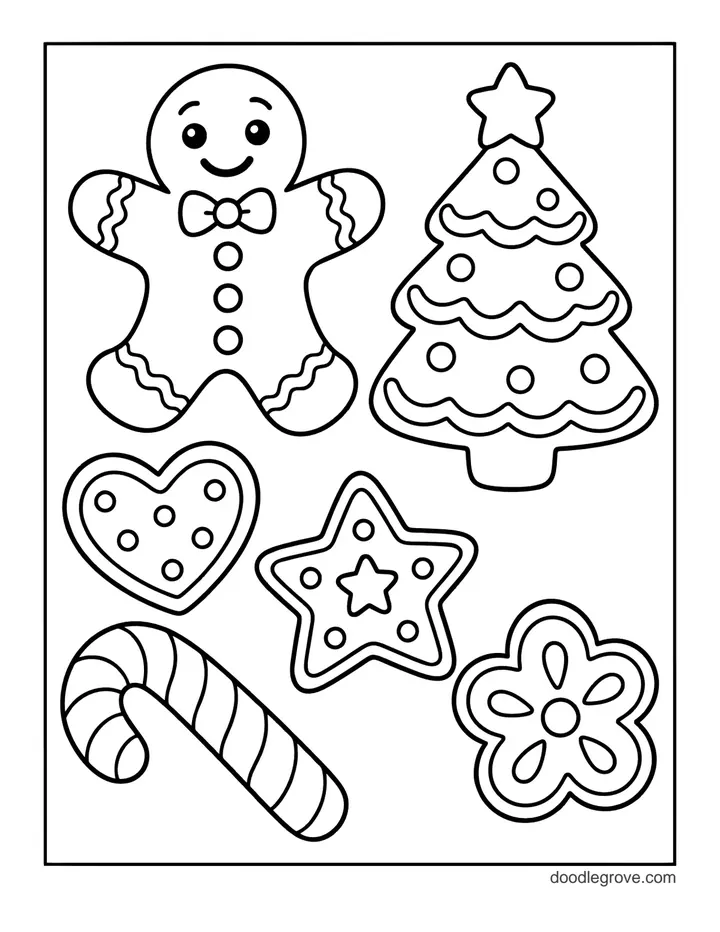 Gingerbread Cookie Cutouts coloring page: a gingerbread man, a Christmas tree, a heart, a star, a candy cane and a flower cookie, each with icing lines to color