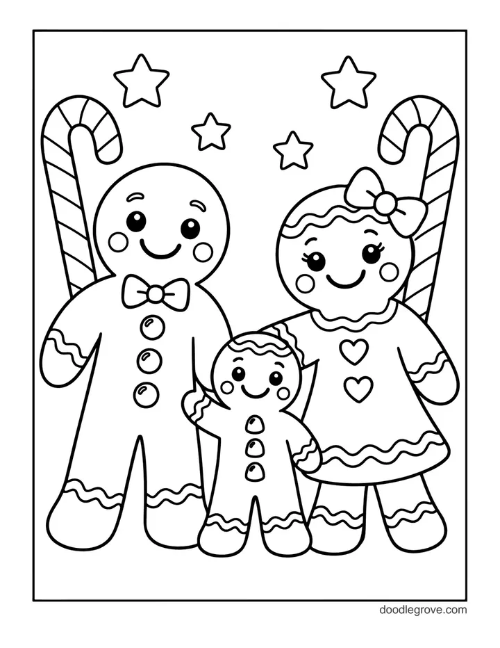 Gingerbread Family coloring page: a gingerbread dad, a gingerbread mom with a bow and a little gingerbread child, with candy canes and stars behind them