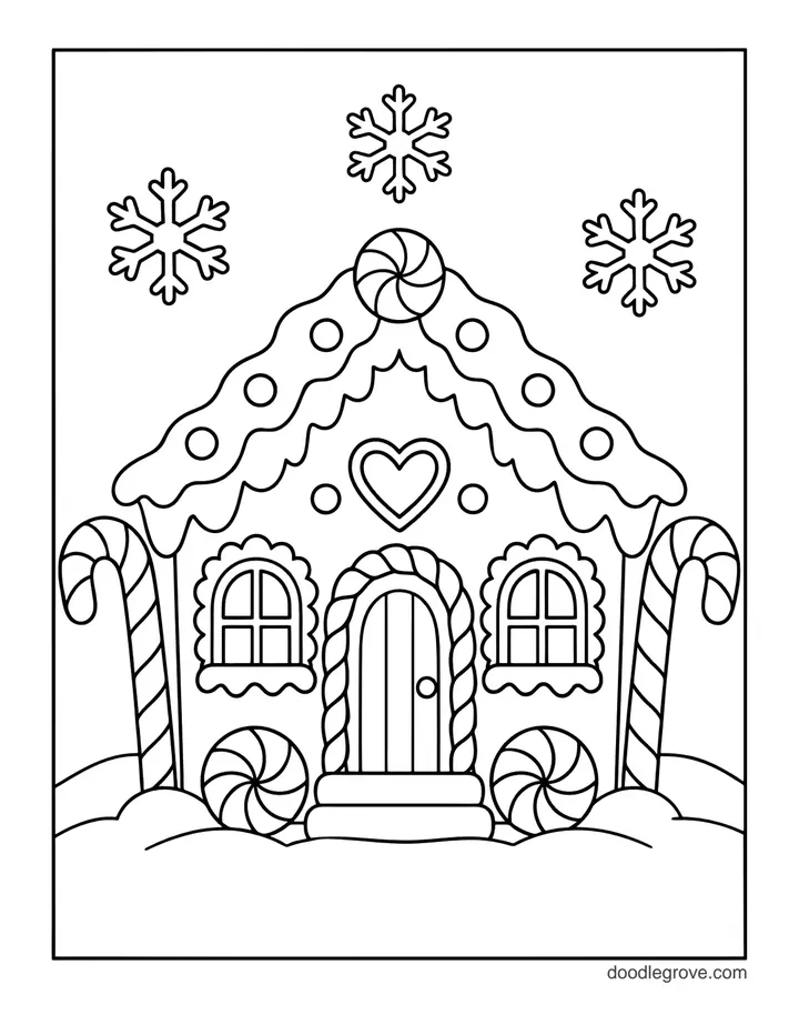 Candy Cane Gingerbread House coloring page: a gingerbread house with an iced roof, peppermint candies, a heart above the door and a candy cane at each corner, with snowflakes above
