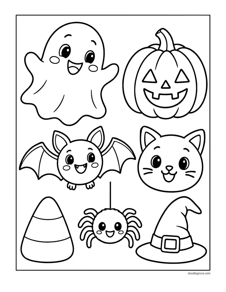 Halloween Icons for Little Kids coloring page: big simple shapes of a ghost, jack-o'-lantern, bat, cat, candy corn, spider, and witch hat