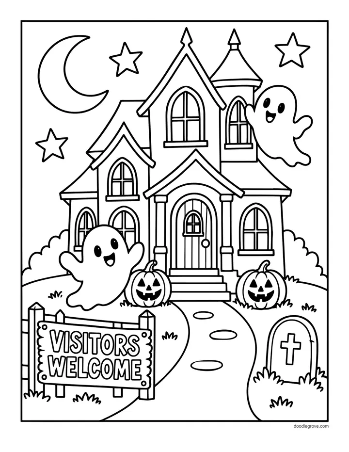 Visitors Welcome Haunted House coloring page: a haunted house with a Visitors Welcome sign, a moon, stars, floating ghosts, pumpkins and a gravestone