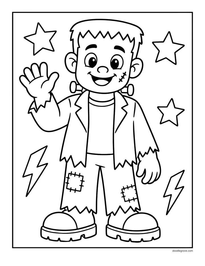 Friendly Frankenstein coloring page: a cheerful Frankenstein with a flat-topped head waving hello, with lightning bolts and stars around him