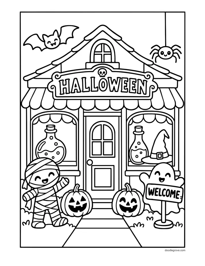Halloween Shop coloring page: a storefront with a Halloween sign, potion bottles in the windows, a mummy, and two jack-o'-lanterns by the door