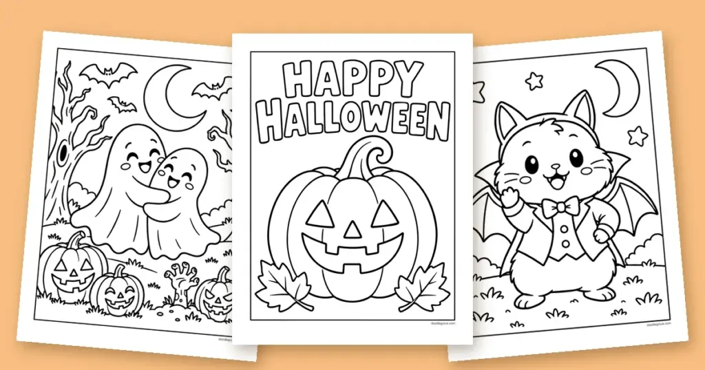 Three not-so-spooky Halloween coloring pages fanned out: a smiling jack-o'-lantern, two hugging ghosts and a cute vampire kitten.