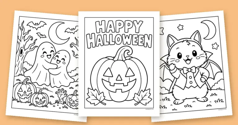Three not-so-spooky Halloween coloring pages fanned out: a smiling jack-o'-lantern, two hugging ghosts and a cute vampire kitten.