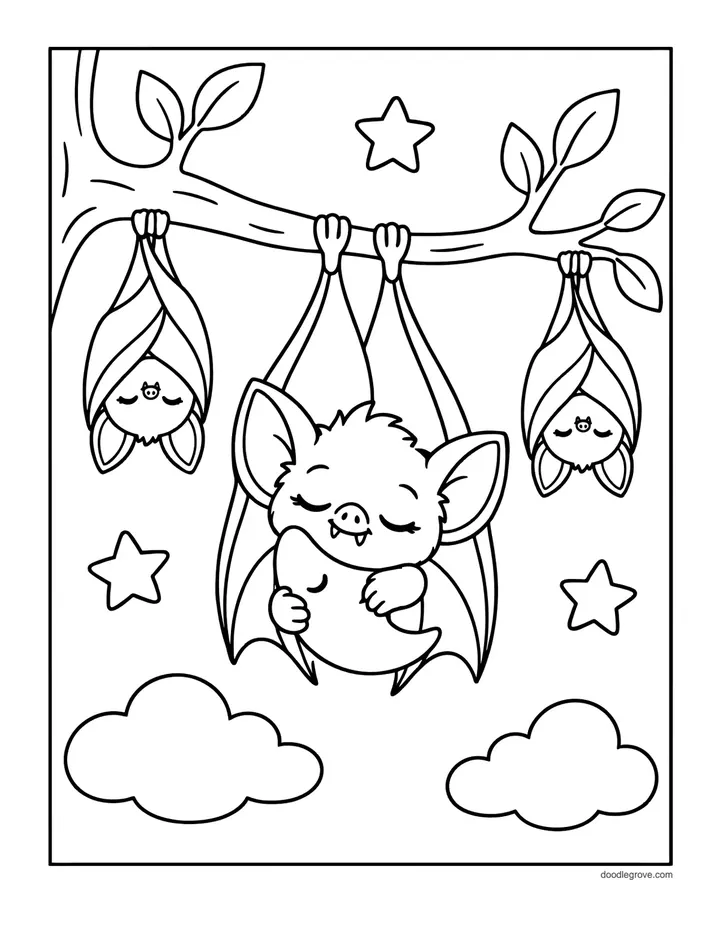 Sleepy Bats on a Branch coloring page: two bats hanging upside down to sleep while a little bat rests between them.