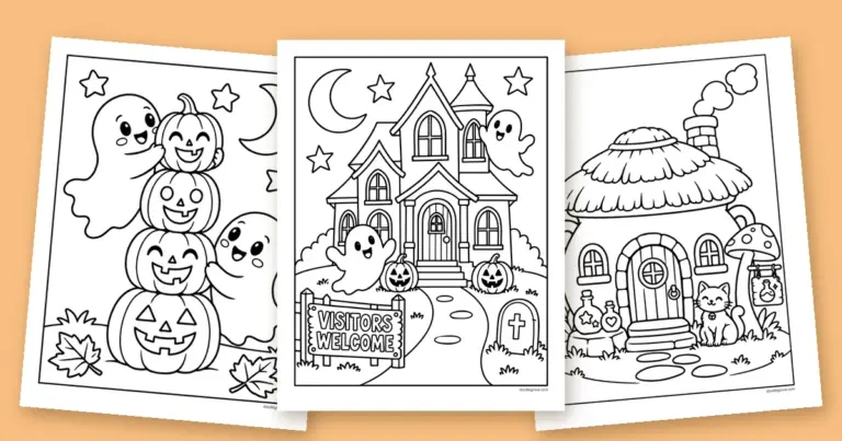 Three Halloween coloring pages fanned out: a Visitors Welcome haunted house, a pumpkin tower with floating ghosts, and a witch cauldron cottage