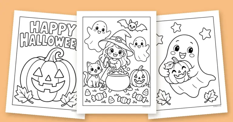 Three Halloween coloring pages fanned out: a little witch with her cauldron, a smiling Happy Halloween jack-o'-lantern, and a ghost hugging a pumpkin.