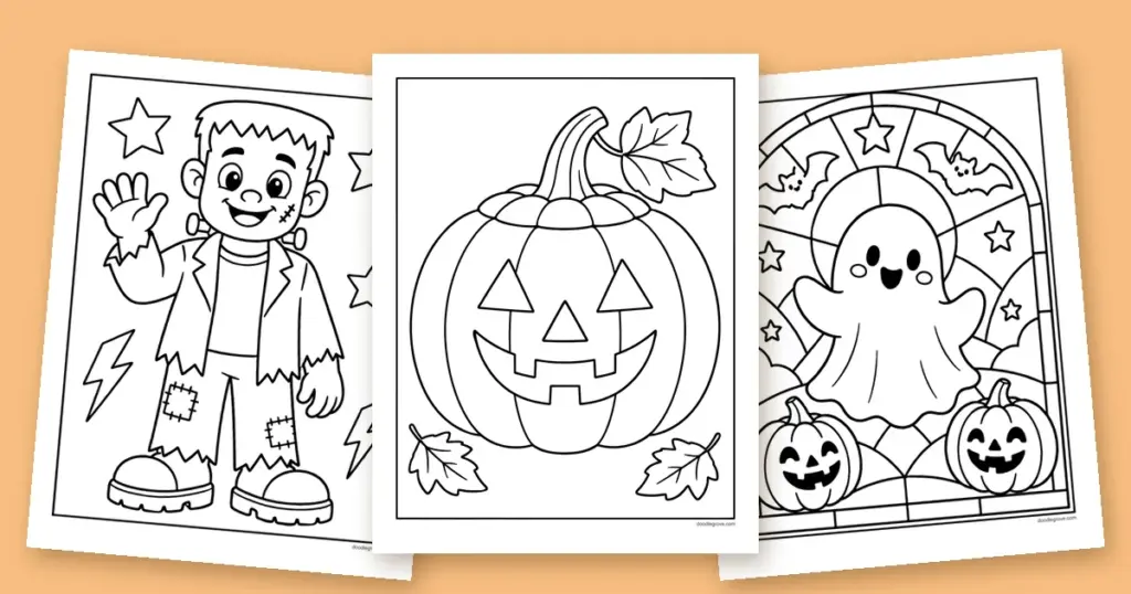 Three Halloween masks fanned out: a carved jack-o'-lantern, a friendly Frankenstein and a smiling ghost, all coloring pages ready to cut out