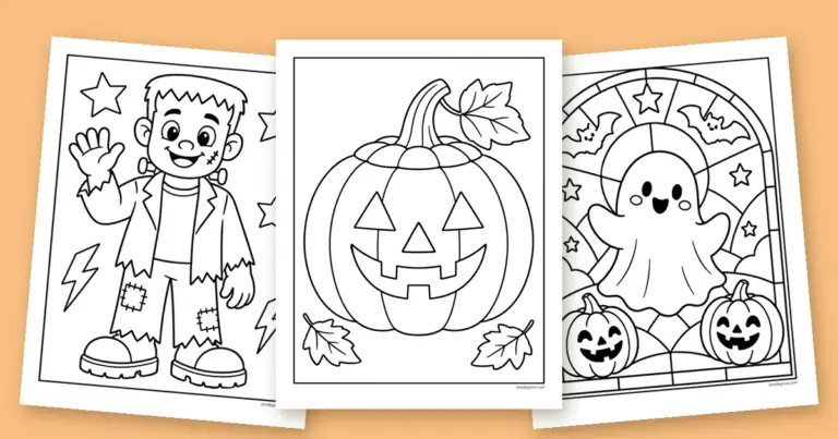 Three Halloween masks fanned out: a carved jack-o'-lantern, a friendly Frankenstein and a smiling ghost, all coloring pages ready to cut out