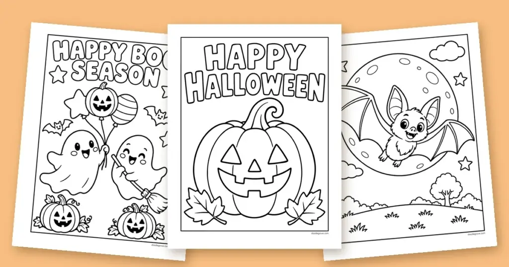 Three Halloween coloring pages fanned out: a Happy Halloween jack-o'-lantern, two ghosts for Happy Boo Season, and a bat flying past the moon