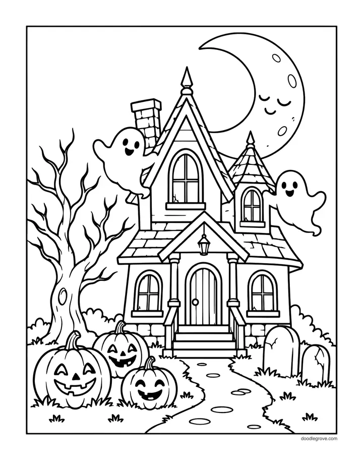 Haunted House with Happy Pumpkins coloring page: a turreted house with friendly ghosts drifting around it and three smiling jack-o'-lanterns along the front path under a crescent moon