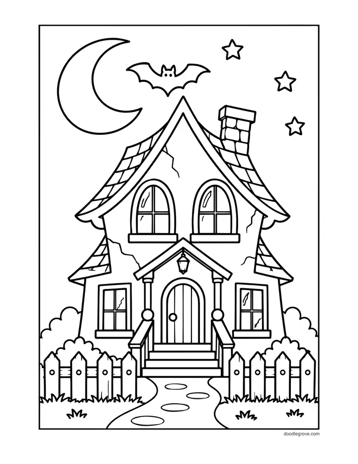 Cozy Haunted Cottage coloring page: a small two-story cottage with arched windows, a chimney and a lamp post behind a picket fence, under a crescent moon with stars and one bat