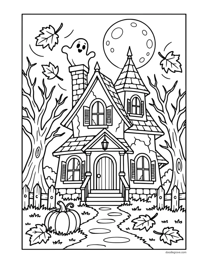 Autumn Haunted House coloring page: a tall haunted house with pointed towers, a ghost at a window, a full moon, bare trees, falling leaves and a pumpkin by the path