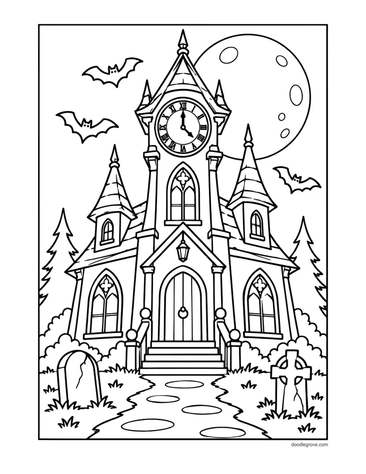 Clock Tower Mansion coloring page: a tall Gothic mansion with a clock tower, pointed turrets and arched windows under a full moon, with bats, a tombstone and a small ghost in the yard