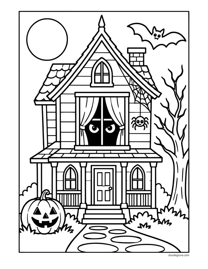Eyes Behind the Curtain coloring page: a two-story house where a pair of eyes peeks through parted upstairs curtains, with a spider on a web, a bat, a full moon and a jack-o'-lantern by the steps