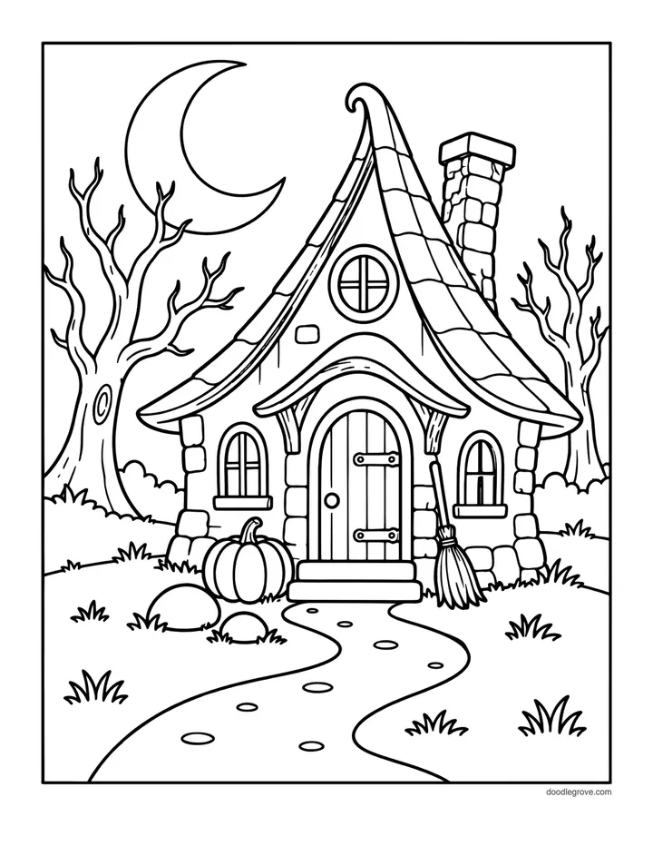 Witch's Cottage with a Broom coloring page: a cozy cottage with a swirled roof and a broom leaning by the door, under a crescent moon with bare trees and a small pumpkin on the path