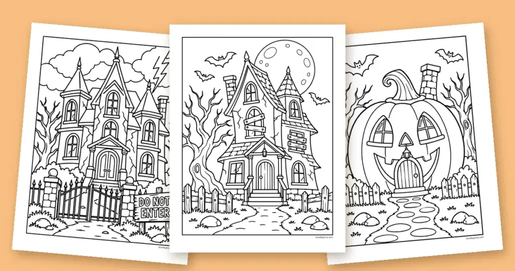 Three haunted house coloring pages fanned out: a crooked turreted house under a full moon, a grand gated mansion, and a giant carved pumpkin used as a house