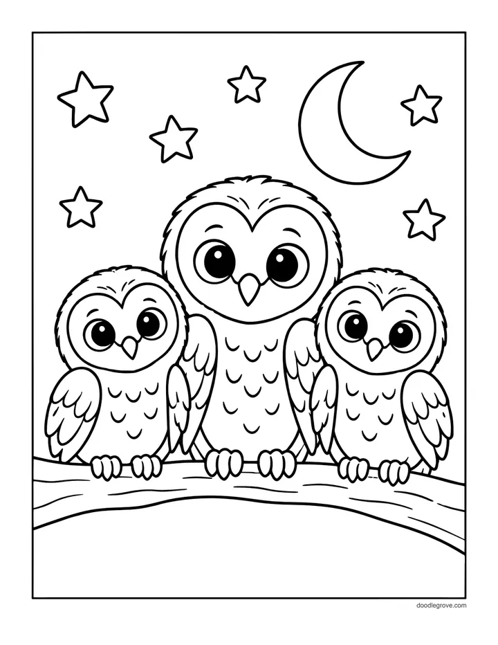 Owl Family at Night coloring page: three owls on a branch under a crescent moon and stars