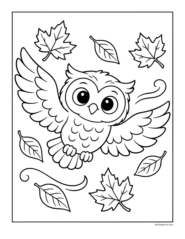 Owl Flying Through Leaves coloring page: a round-eyed owl gliding among falling maple leaves