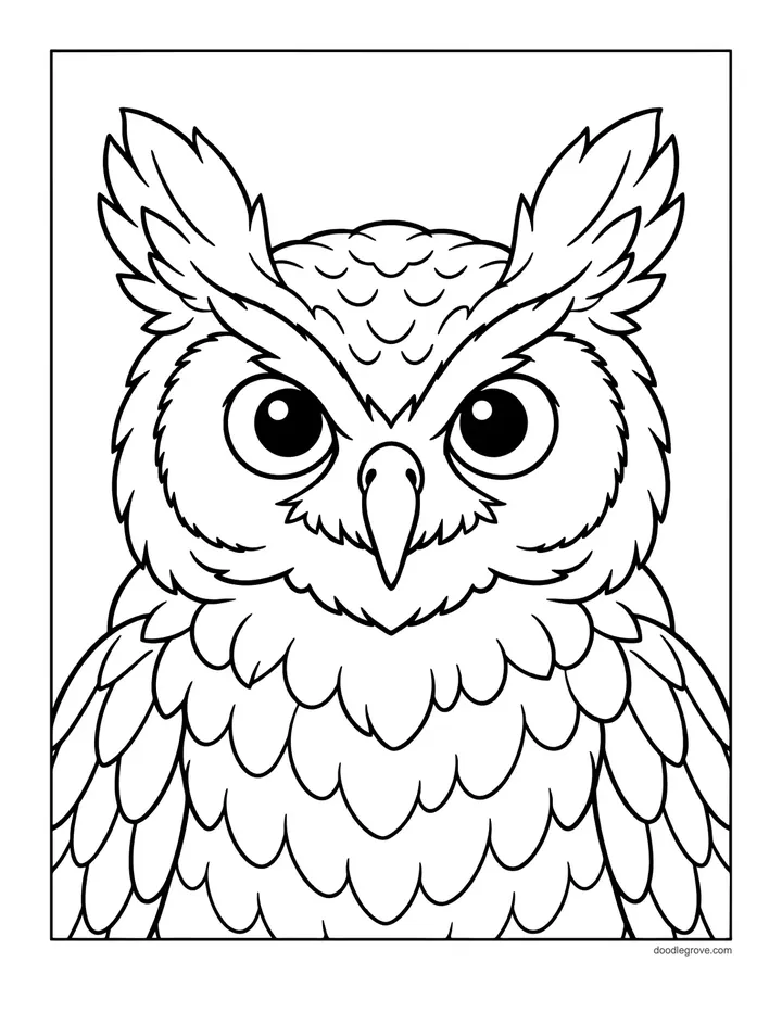Great Horned Owl coloring page: a front-facing great horned owl with ear tufts and detailed feathers