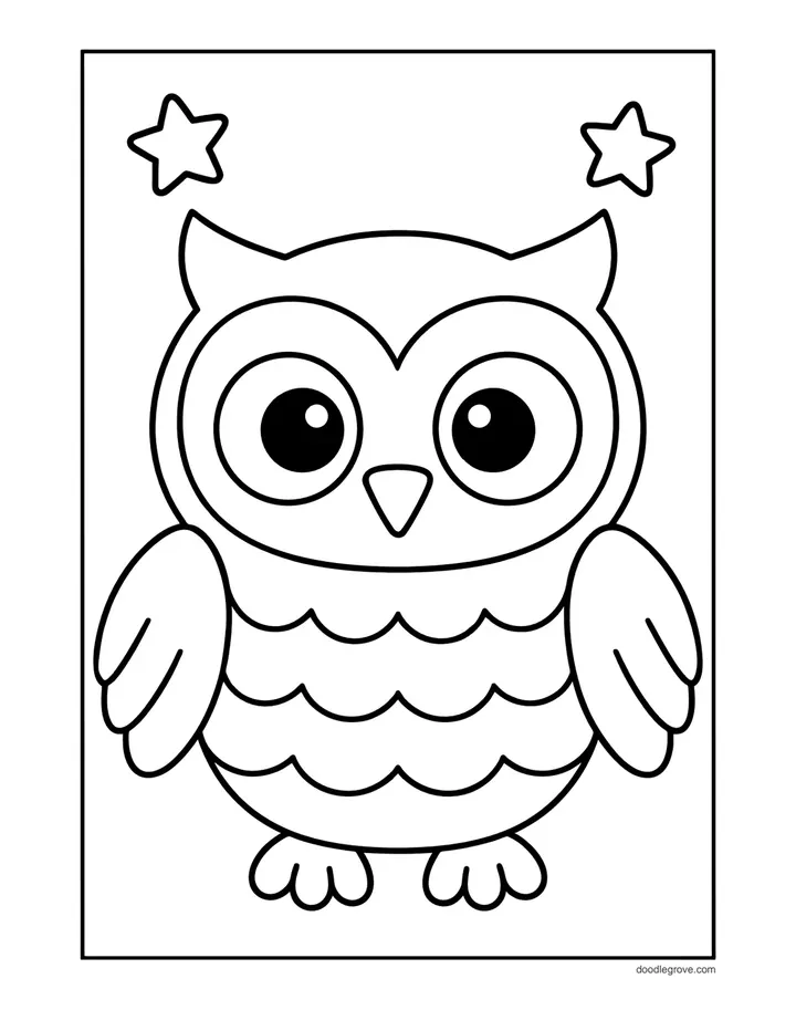 Simple Owl coloring page: a round cartoon owl with two small stars above it.