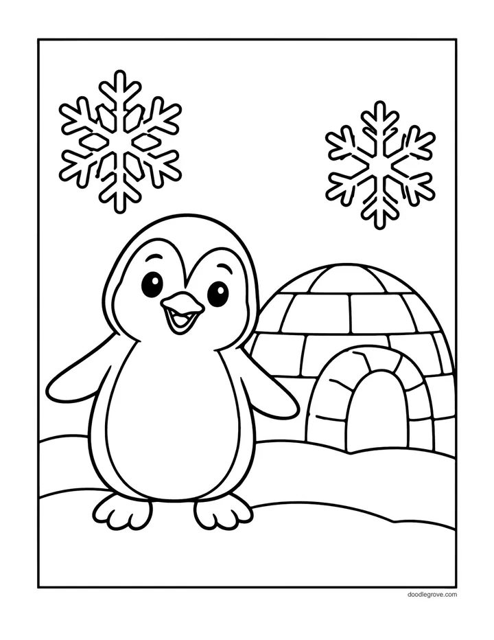 Penguin and an Igloo coloring page: a happy little penguin standing beside an igloo, with two big snowflakes in the sky and snow on the ground