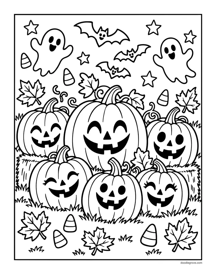 Pumpkin Patch Faces coloring page: a pile of six jack-o'-lanterns with different happy faces on hay, framed by candy corn, little ghosts, bats and leaves