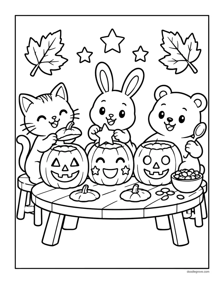 Pumpkin Carving Friends coloring page: a kitten, bunny and bear carving jack-o'-lanterns together at a small table