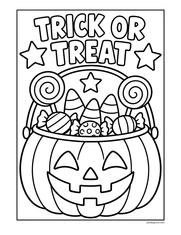 Trick or Treat Pumpkin Bucket coloring page: a jack-o'-lantern candy bucket filled with wrapped candy and lollipops under a Trick or Treat banner
