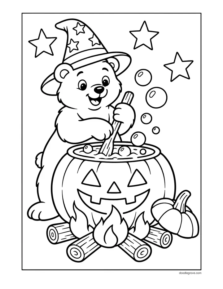 Bear's Pumpkin Cauldron coloring page: a bear in a wizard hat stirring a jack-o'-lantern cauldron over a small fire, with bubbles and stars
