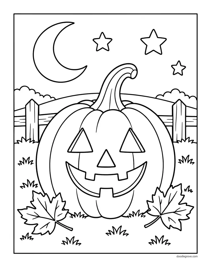 Big Jack-o'-Lantern by the Fence coloring page: a large grinning carved pumpkin beside a wooden fence under a crescent moon and stars